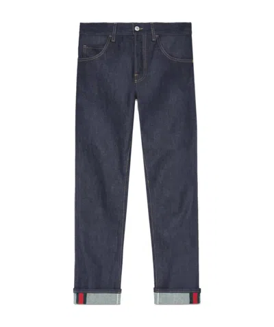 Gucci Tapered Denim Pants With Web In Black