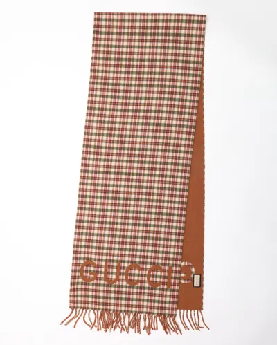 Gucci Tartan Cashmere And Wool Scarf In Brown