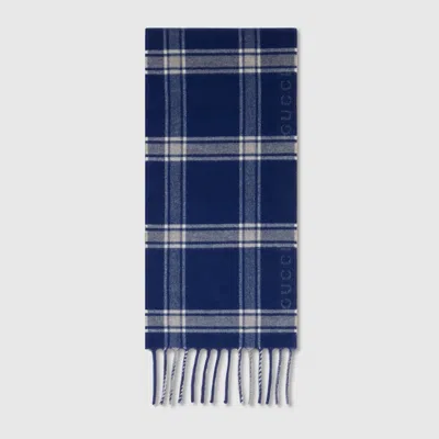 Gucci Tartan Wool Cashmere Scarf In Blue
