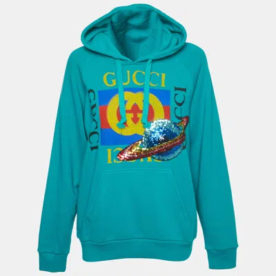Pre-owned Gucci Teal Blue Cotton Planet Sequined Hooded Sweatshirt S