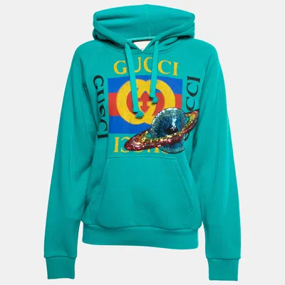 Pre-owned Gucci Teal Blue Cotton Planet Sequined Hooded Sweatshirt Xs