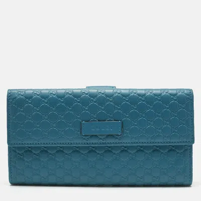 Pre-owned Gucci Teal Blue Microssima Leather Flap Continental Wallet