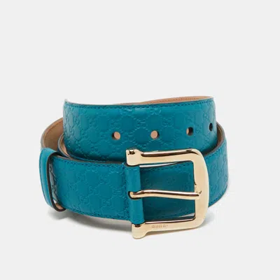Pre-owned Gucci Teal Green Microssima Leather Buckle Belt 80cm