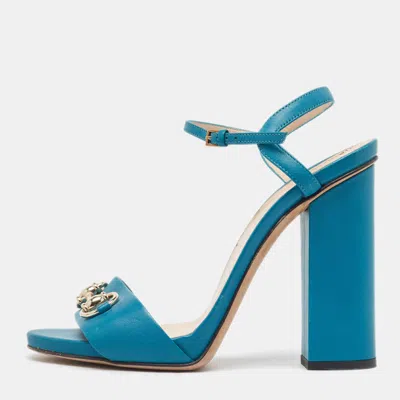 Pre-owned Gucci Teal Leather Horsebit Ankle Strap Sandals Size 37 In Green