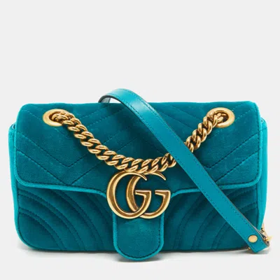 Pre-owned Gucci Teal Matelassé Velvet Mini Gg Marmont Shoulder Bag In Green