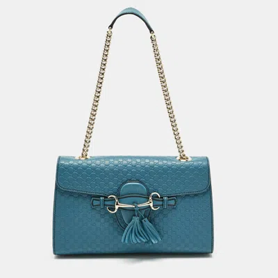 Pre-owned Gucci Teal Microssima Leather Medium Emily Chain Shoulder Bag In Blue
