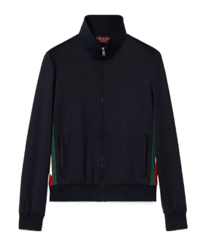 Gucci Technical Jersey Jacket With Zip And Web Tape In Blue