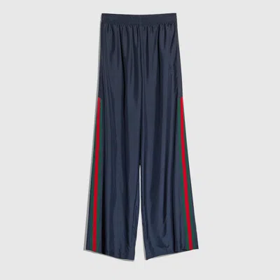 Gucci Technical Silk Poplin Pants With Web In Blue