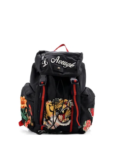 Pre-owned Gucci Techpack Embroidered Techno Canvas Backpack In Black