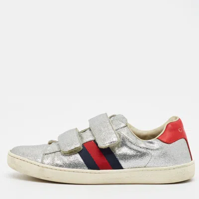 Pre-owned Gucci Teen Ace Trainer Size 34 Silver Glitter Low Top Sneakers
