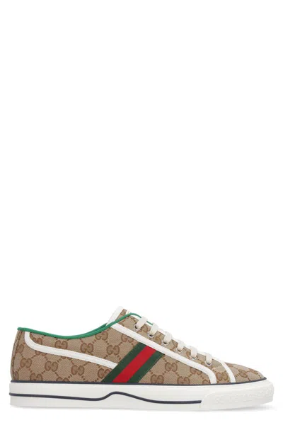 Gucci Gg Supreme Fabric Sneakers With Lateral Web Band In Neutral