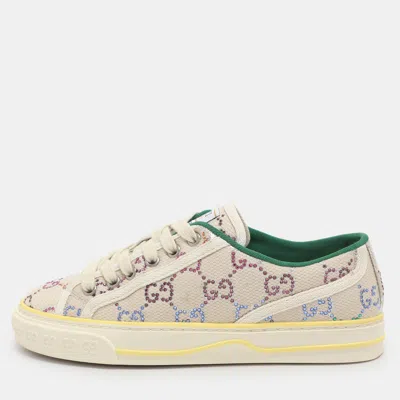 Pre-owned Gucci Tennis 1977 Size 35.5 Off White Crystal Embellished Gg Canvas Low Top Sneakers