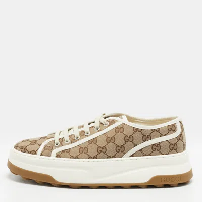 Pre-owned Gucci Tennis 1977 Size 44.5 Beige Canvas Lace Up Sneakers In Sand