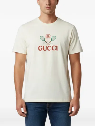 Pre-owned Gucci Tennis Logo-embroidered T-shirt In Neutral