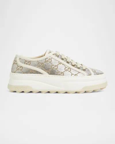 Gucci Tennis Treck Gg Metallic Flatform Sneakers In 8146 Silver Natural My Wh
