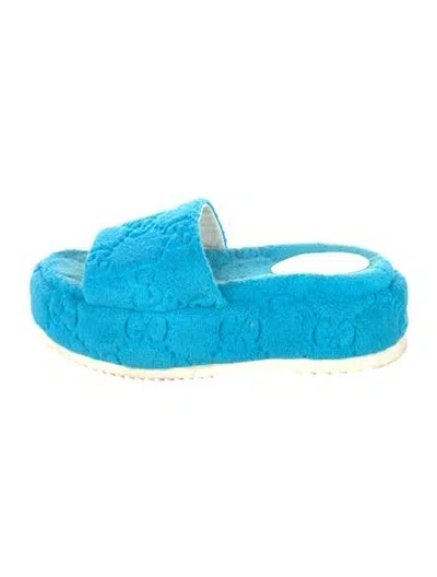 Pre-owned Gucci Terry Cloth Graphic Print Slides In Blue
