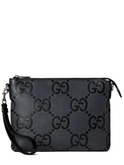 Gucci Textured Logo Clutch With Zip Closure And Detachable Strap In Black