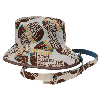 Pre-owned Gucci The North Face All Over Logo Bucket Hat White Brown Nylon Adjustable