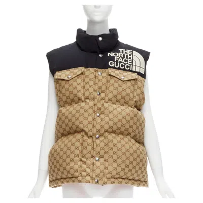 Pre-owned Gucci The North Face Black Beige Big Logo Gg Monogram Padded Vest Jacket It40 S