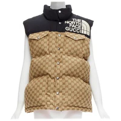 Pre-owned Gucci The North Face Black Beige Big Logo Gg Monogram Padded Vest Jacket It40 S