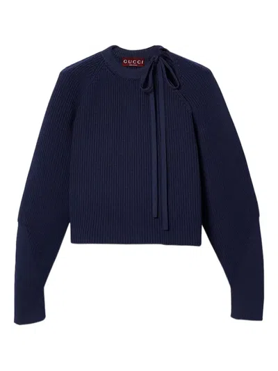 Gucci Tie-neck Ribbed-knit Sweater In Blue
