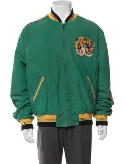 Pre-owned Gucci Tiger Head Accent Graphic Print Bomber Jacket In Green
