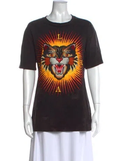 Pre-owned Gucci Tiger Head Accent Graphic Print T-shirt In Brown