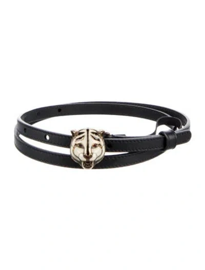 Pre-owned Gucci Tiger Head Accent Skinny Belt In Black