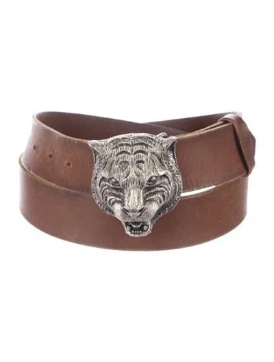 Pre-owned Gucci Tiger Head Accent Skinny Belt Kit In Brown