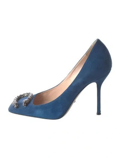 Pre-owned Gucci Tiger Head Accent Suede Pumps In Blue