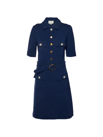 Pre-owned Gucci Tiger Head Belted Midi Dress In Blue
