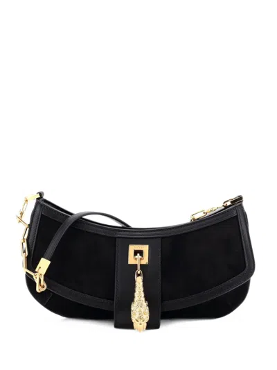Pre-owned Gucci Tiger Head Chain Clutch Suede With Leather Small Shoulder Bag In Black