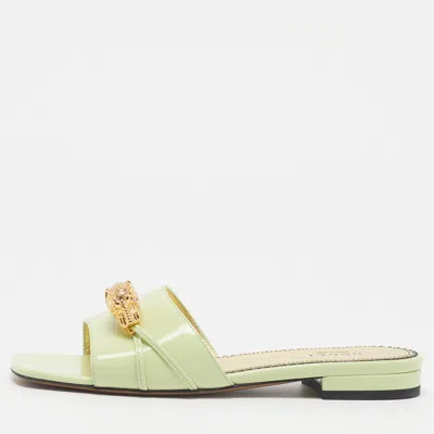 Pre-owned Gucci Tiger Head Size 36 Light Green Patent Leather Crystal Embellished Flat Slide