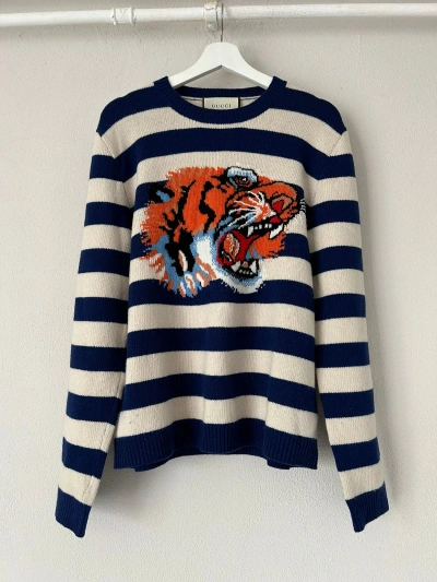 Pre-owned Gucci Tiger Intarsia Knit Sweater In Blue/white