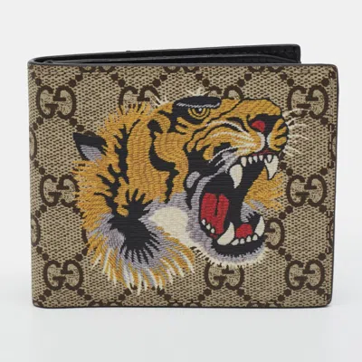 Pre-owned Gucci Tiger Print Beige Gg Supreme Canvas Bifold Wallet In Sand
