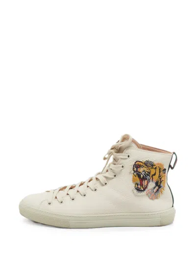 Pre-owned Gucci Tiger-embroidered High-top Sneakers In Neutral
