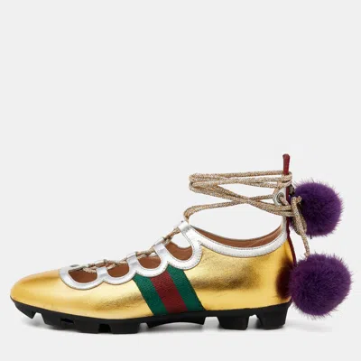 Pre-owned Gucci Titan Size 38 Gold Leather Pom-pom Tie Up Lace Up Sneakers