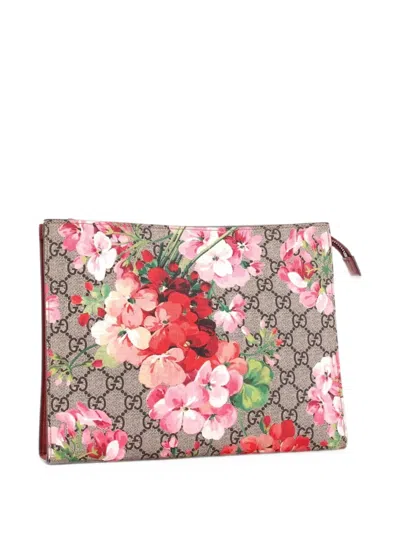 Pre-owned Gucci Toiletry Pouch Blooms Print Gg Coated Canvas Large Clutch Bag In Brown
