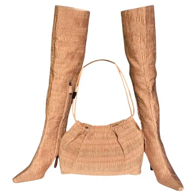 Pre-owned Gucci Tom Ford For  Fw 1999 Over The Knee Silk Ruched Boots + Matching Bag Us 6.5 In Sand