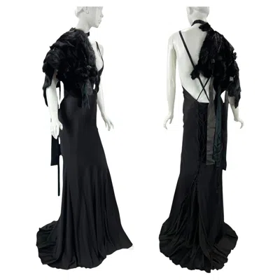 Pre-owned Gucci Tom Ford For  Fw 2002 Runway Black Silk Lace-up Gown + Mink Stole It. 38