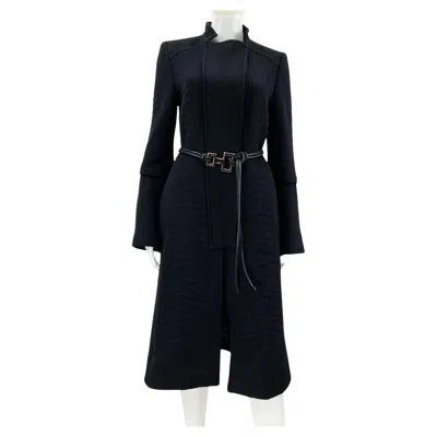 Pre-owned Gucci Tom Ford For  F/w 2004 Black Angora Wool Chevron Pattern Coat With Belt 42