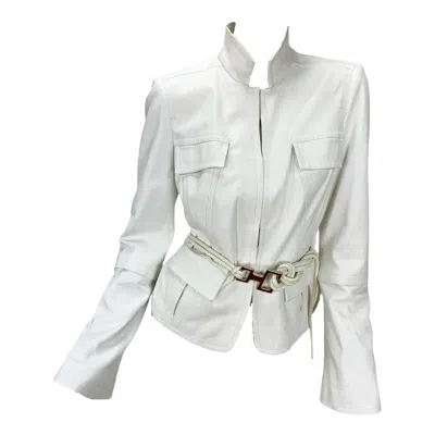 Pre-owned Gucci Tom Ford For  F/w 2004 White Leather Rope Belted Jacket It. 46 - Us 10