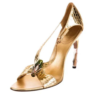 Pre-owned Gucci Tom Ford For  Python Snake Head Ad Runway Heels Sz 37.5 In Sand