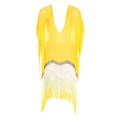 Pre-owned Gucci Tom Ford For  S/s 2004 Runway Silk Metal Chain Sheer Degrade Fringe Poncho In Yellow