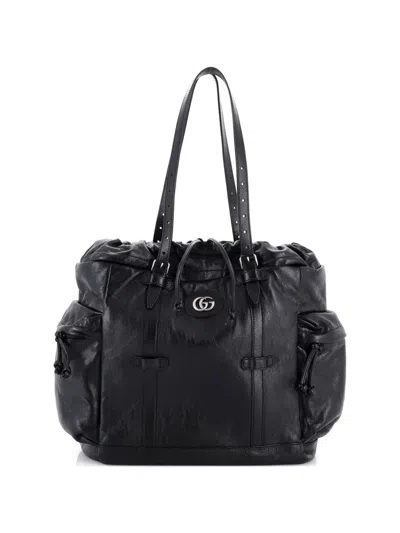 Pre-owned Gucci Tonal Gg Drawstring Leather Tote Bag In Black