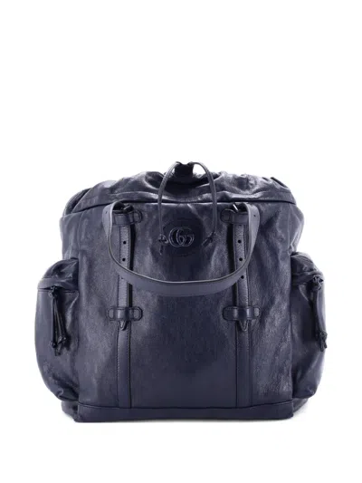 Pre-owned Gucci Tonal Gg Drawstring Leather Tote Bag In Blue