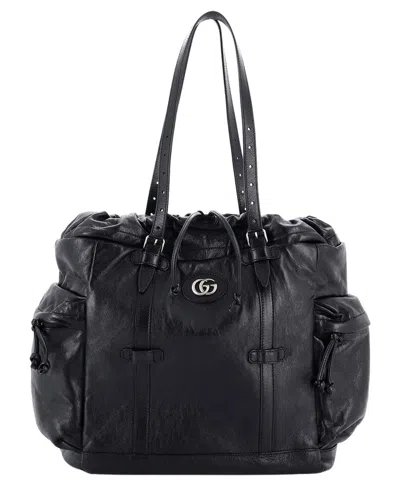 Gucci Tonal Gg Drawstring Tote Leather (authentic Pre-loved) In Black