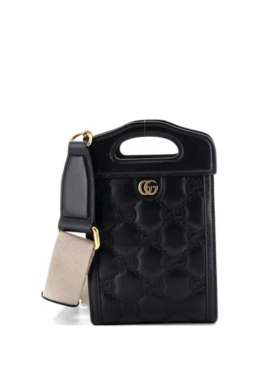 Pre-owned Gucci Top Handle Gg Matelasse Leather Mini Crossbody Bag In Black