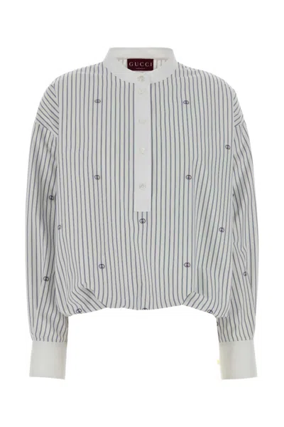 Gucci Cotton Striped Blouse With Embroidery In Gray