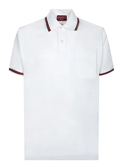 Gucci White Polo Shirt With Web Detail And Logo Lettering On The Front In Cotton Stretch Man In Neutral